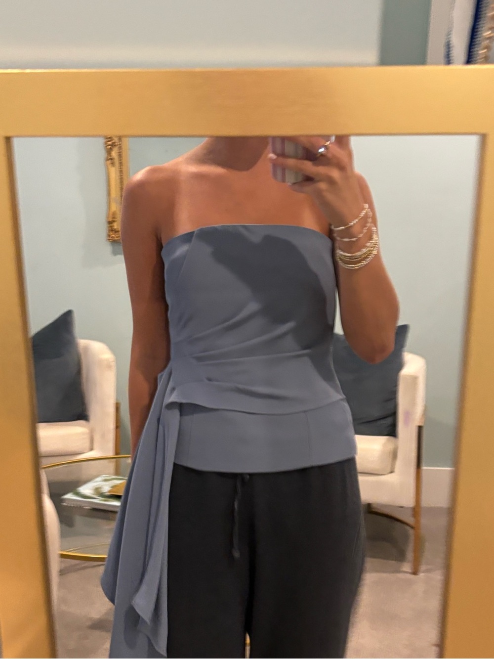 Zara Dusty Blue Strapless Draped Waist Top